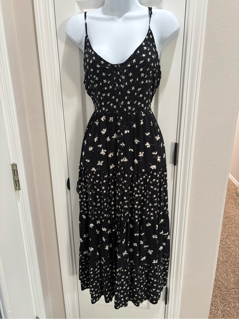 Patrons of Peace Black and Cream Floral Tiered Midi Dress